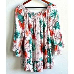 BLUE MOOD Women's Plus 2X Embroidered Pink Tropical Off-Shoulder Bell Sleeve Top